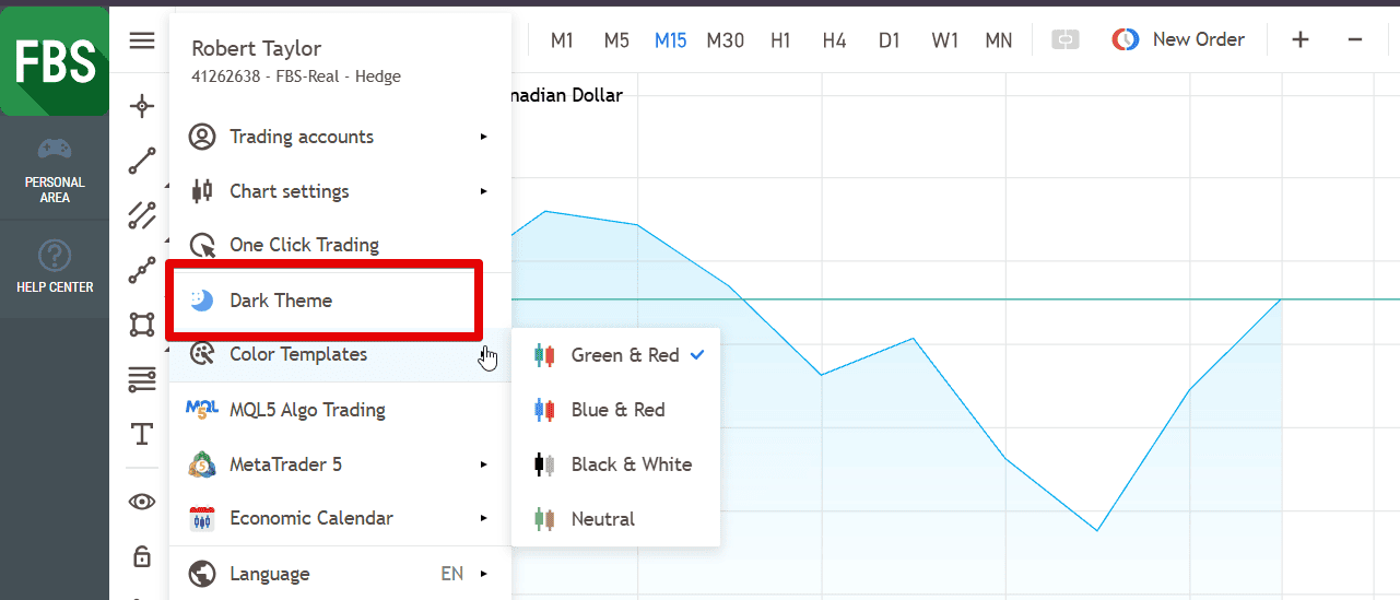 Tema escuro MT5 WebTrader da FBS
