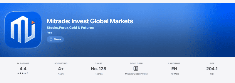 Calificación de la aplicación de Mitrade en la App Store: 4,4 sobre 5, tienda de Australia, agosto de 2026