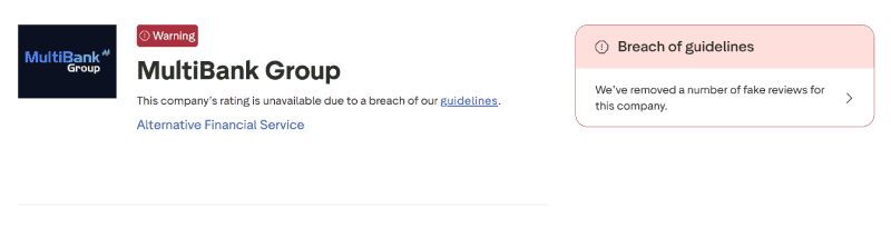 Aviso de Trustpilot sobre el perfil de MultiBank Group, agosto de 2026