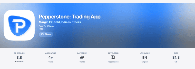 Calificación de la aplicación de Pepperstone en la App Store: 3,8 sobre 5 con 68 valoraciones, tienda de Australia, agosto de 2026
