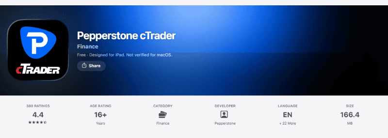 Calificación de la aplicación Pepperstone cTrader en la App Store: 4,4 sobre 5 con 380 valoraciones, tienda de Australia, agosto de 2026