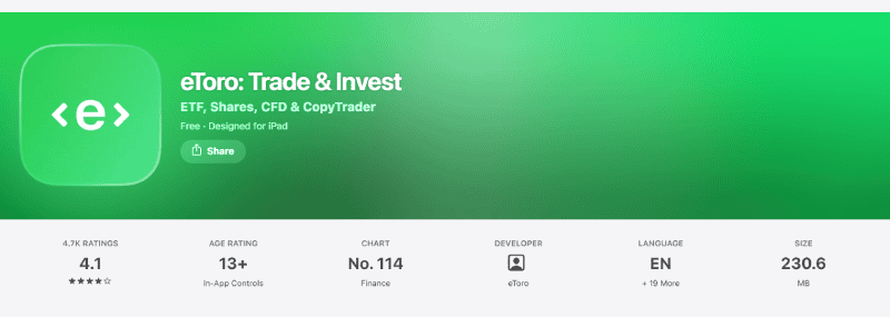 Calificación de la aplicación de eToro en la App Store: 4,1 sobre 5, tienda de Australia, agosto de 2026