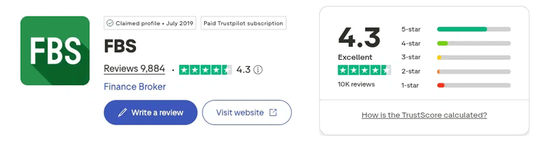 Calificación de FBS en Trustpilot: 4,3 sobre 5 con 9.884 reseñas, septiembre de 2026