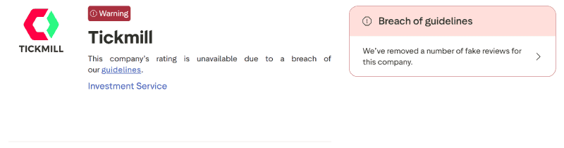 Aviso de Trustpilot sobre el perfil de Tickmill, septiembre de 2026